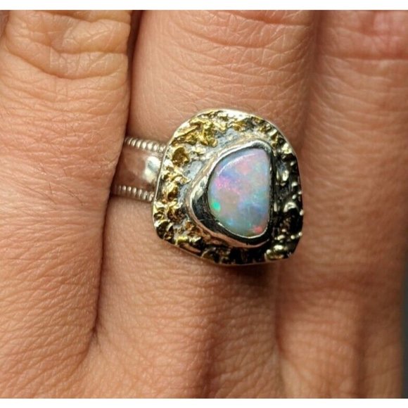 Artisan Signed LOW Fiery Natural Opal Sterling Silver Gold Ring Size 7 - Picture 12 of 12